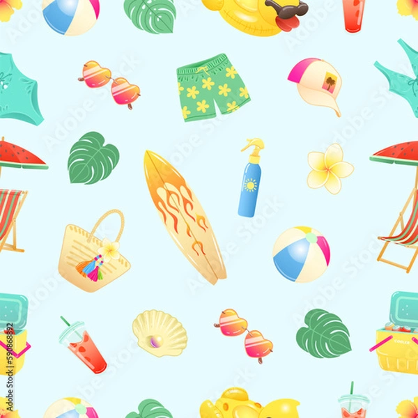 Obraz Seamless pattern with beach summer accessories on light blue background Vector illustration