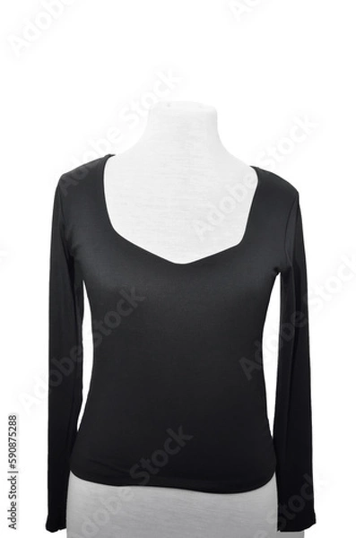 Fototapeta Black long-sleeved t-shirt with a neckline on a white background