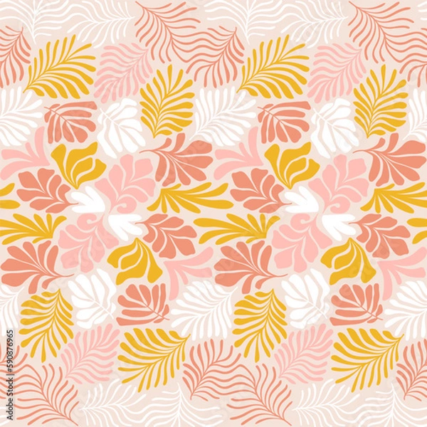 Fototapeta Multicolor abstract background with tropical palm leaves in Matisse style. Vector seamless pattern with Scandinavian cut out elements.