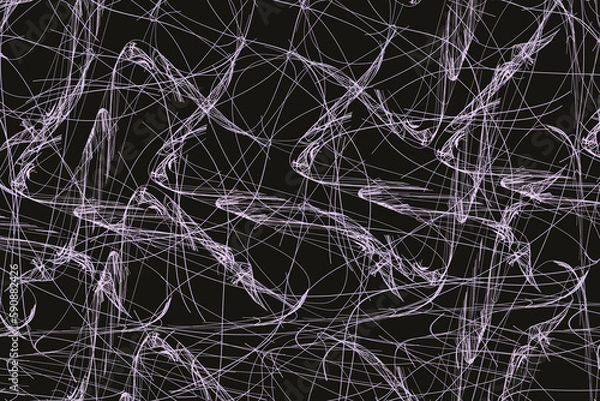 Fototapeta Purple pattern of crooked threads on a black background. Abstract fractal 3D rendering