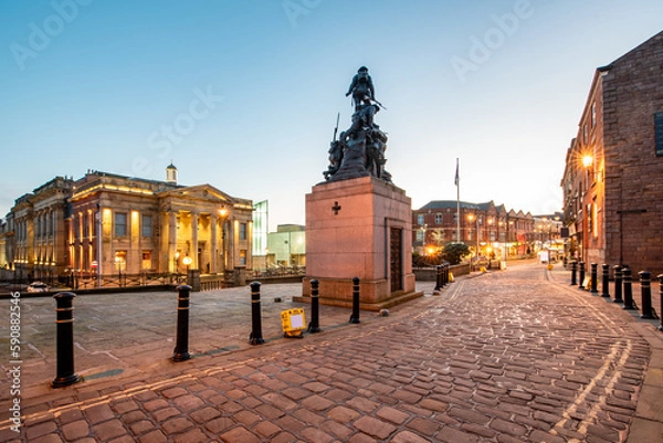 Obraz Illuminated view of Town hall in a Yorkshire Street with War memorial Sculpture in Oldham City, UK