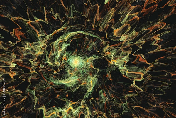 Fototapeta Orange green pattern of crooked waves on a black background. Abstract fractal 3D rendering
