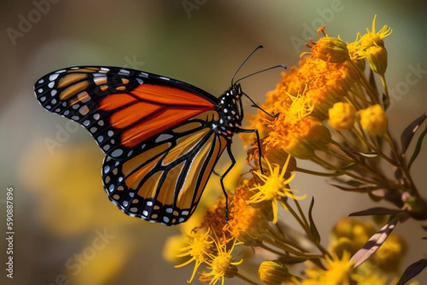 Fototapeta Monarch butterfly on yellow flower - Generative AI