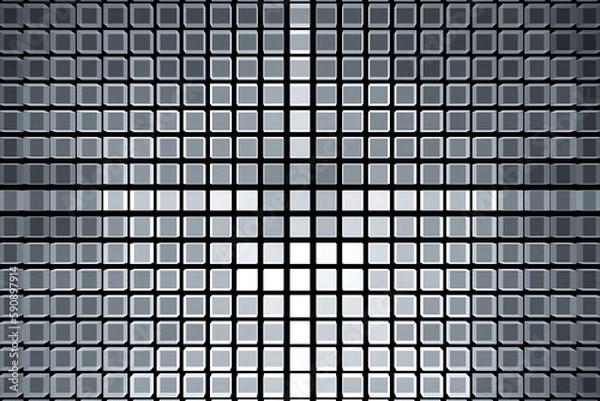 Fototapeta Gray mosaic pattern of small squares on a black background. Abstract fractal 3D rendering