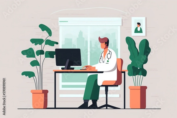 Fototapeta Medical professional analyzes patient data, making diagnoses, recording progress in virtual chart. Illustration generative AI