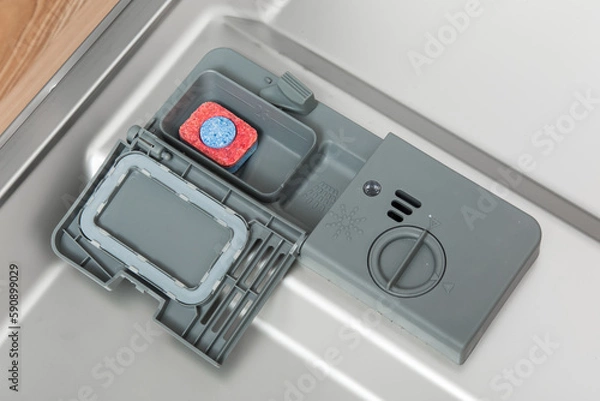 Fototapeta Dishwasher detergent dispenser with tab