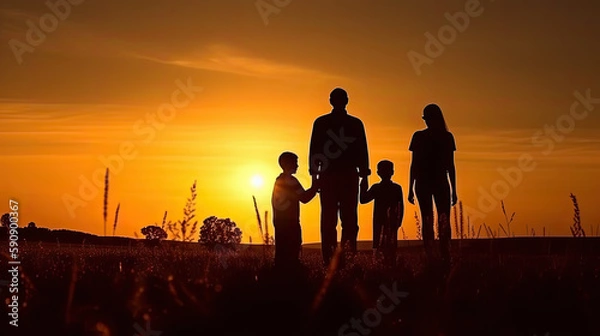 Obraz Silhouette einer Familie bei Sonnenuntergang (Generative AI)