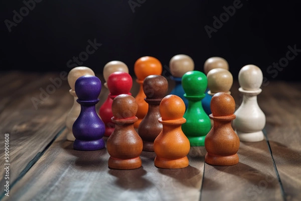 Fototapeta Wooden pawns representing the concept of diversity and inclusion in society. Colored figures on a wooden desk. Close-up shot. Generative AI