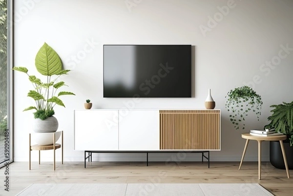 Fototapeta modern living room with a mounted flat screen TV and a potted plant. Generative AI
