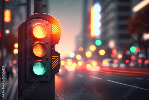 Fototapeta Traffic lights on fantasy city street background. AI generated image