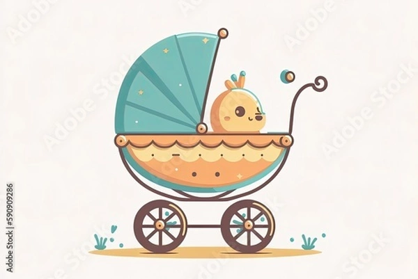 Fototapeta baby stroller with a bird perched on the handlebar. Generative AI