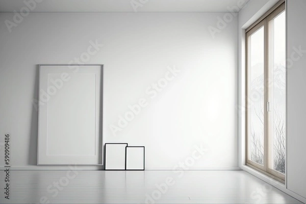 Fototapeta an Empty Room with a Window and a Picture Frame. Generative AI