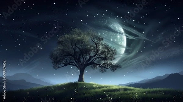 Fototapeta illustration, background with tree and stars in the moonlight, ai generative