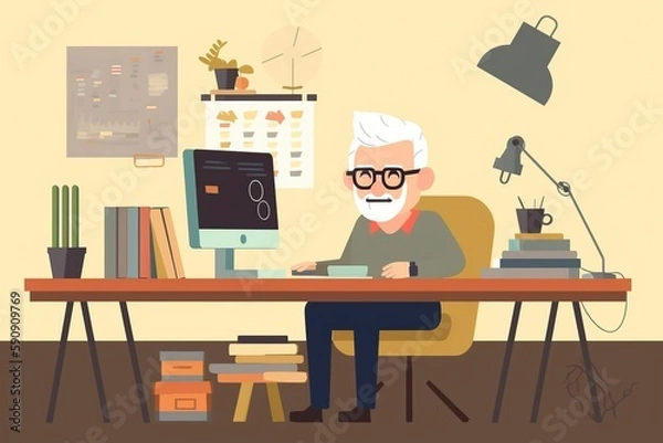 Fototapeta cartoon illustration, an old man sitting in his home office looking at his computer, ai generative
