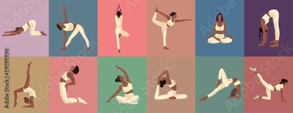 Fototapeta set of black girls doing yoga fitness exercises in different poses and milk clothes on pink green brown blue purple background for apps icons webs posters
