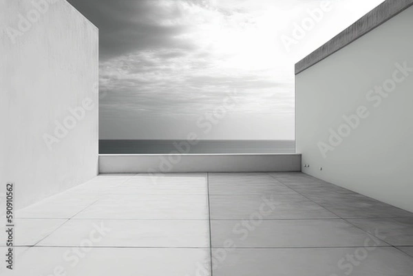 Fototapeta an empty room with a panoramic view of the vast ocean. Generative AI