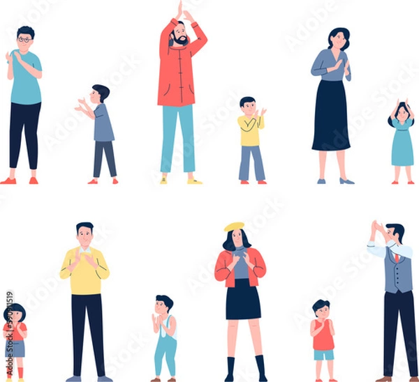 Fototapeta Adults and children applauding, clapping hands. Cute positive support of friends and family. Man and woman clap, child has fun recent vector characters