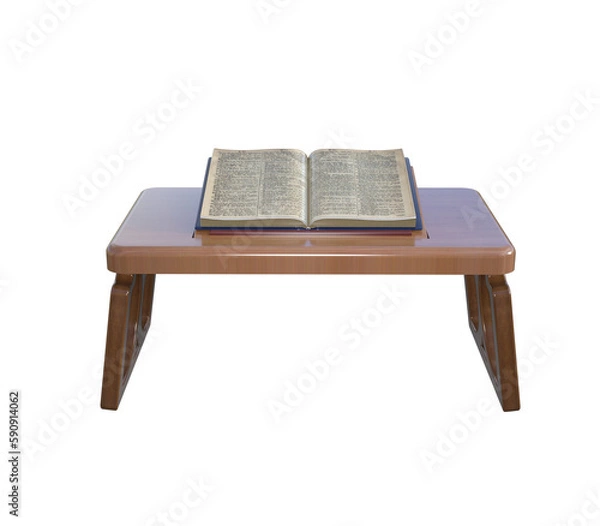 Fototapeta 3d illustration of a wooden, brown, and shiny reading table. An opened old book is placed on the book pedestal. 