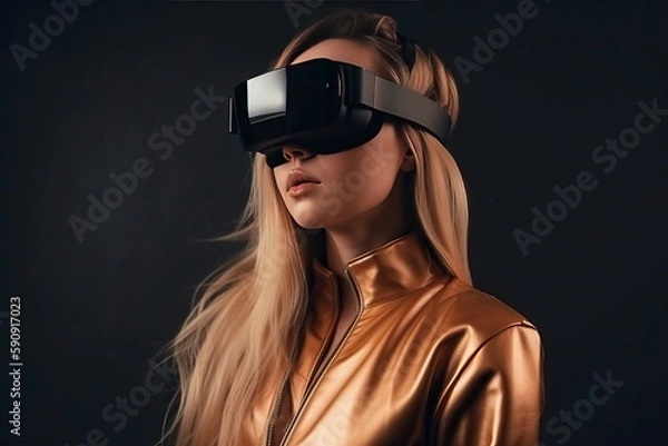 Fototapeta A young girl put on VR glasses, virtual reality and a device that reproduces her, generative AI.