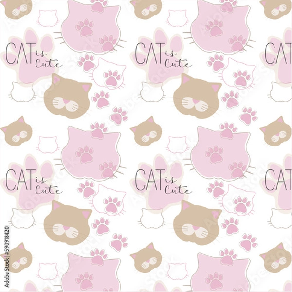 Fototapeta Seamless Pattern with 
footprints and Cartoon Cat Design for kid on White Background