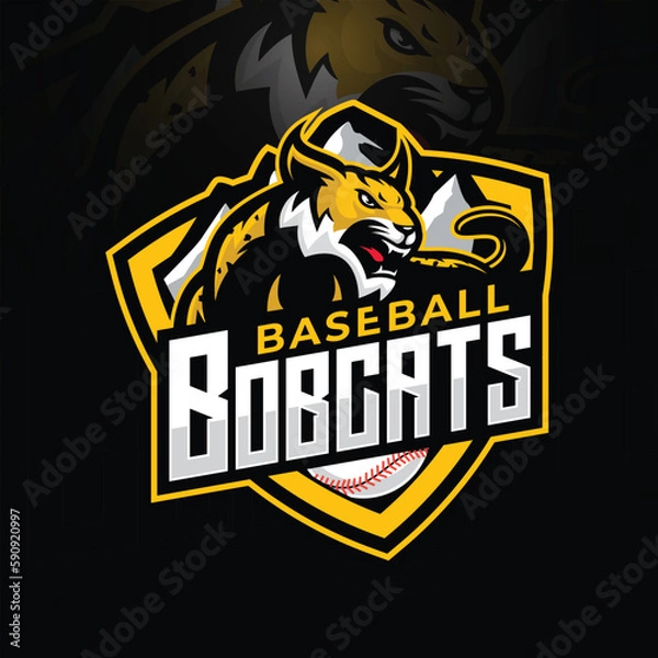 Fototapeta bobcat mascot baseball logo design with combination of element bobcat, shield, mountain, and baseball with modern illustration