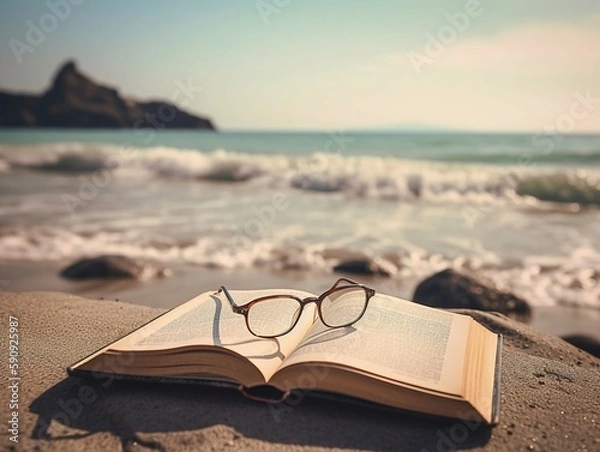 Fototapeta book and beach of sea and sky
