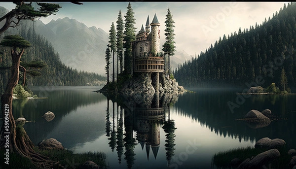Fototapeta a castel in the middle of a forest Generative AI