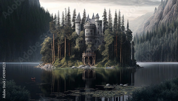 Fototapeta a castel in the middle of a forest Generative AI