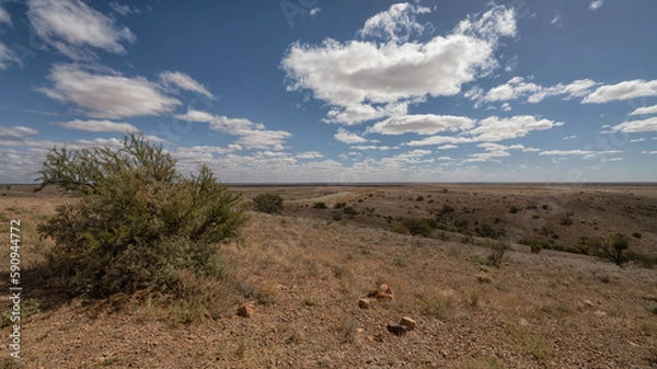 Fototapeta View of Mundi Mundi plains at lookout. Desert landscape with blue sky and white clouds