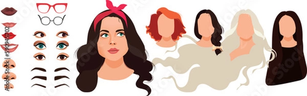 Fototapeta Woman face constructor, avatar of female character creation dark skin heads, hairstyle, nose, eyes with eyebrows and lips. Isolated facial elements for construction cartoon vector set