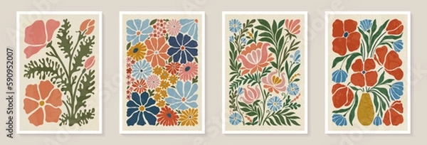 Obraz Set of trendy vintage wall prints with flowers, leaves, shapes. Modern aesthetic illustrations. Bohemian style Collection of contemporary artistic Design wall decoration, postcard, poster, brochure