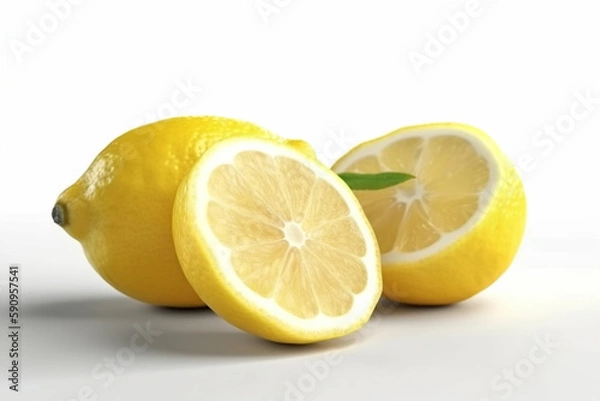 Fototapeta A lemon with a cut in half and a leaf on the right