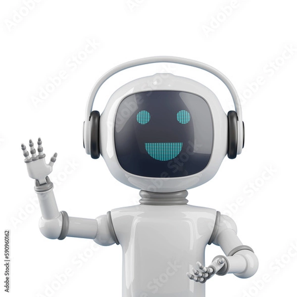 Obraz Friendly cartoon style chat robot waving hello. 3d illustration.