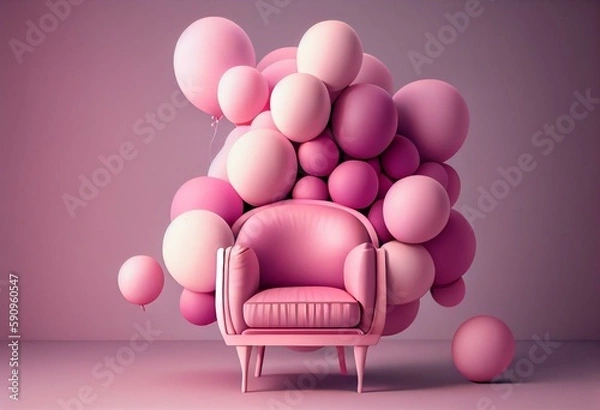 Fototapeta Pink chair with balloons. Creative design. Minimal concept. 3d rendering. Generative AI