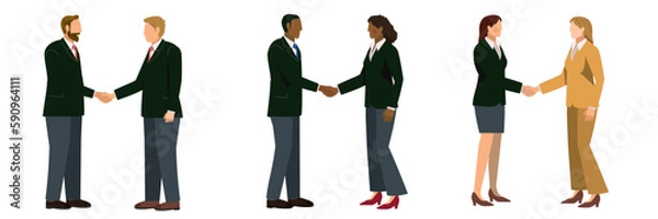 Fototapeta 握手をする多民族のスーツ姿のビジネスマンのイラストセット　ビジネスイメージ商談