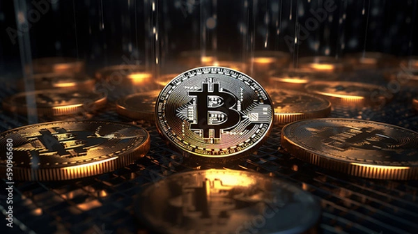 Fototapeta bitcoin Gold mining concept, digital money Bitcoin cryptocurrency with pile of coins, New Virtual money concept, Generative AI