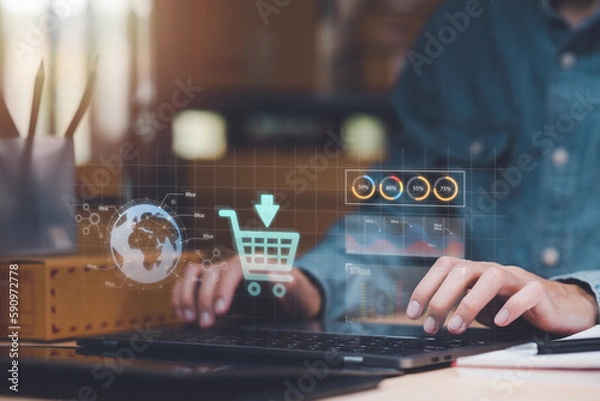 Fototapeta Startup or small business entrepreneur,Check sales and check business growth reports,order management in online stores,shopping on the internet,Selling online on Internet,SME,shipping boxes,e-commerce