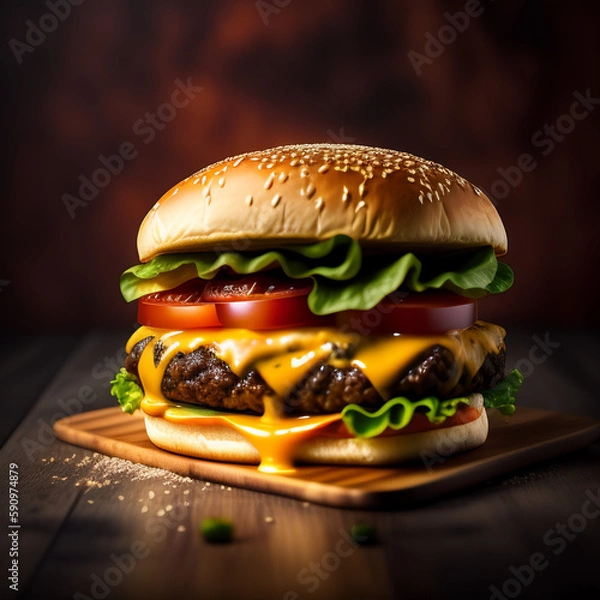 Fototapeta Tasty grilled beef burger with lettuce, cheese and onion served on cutting board on a black wooden table