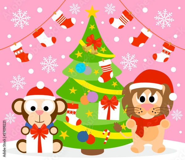 Fototapeta New Year background card with animal,pink