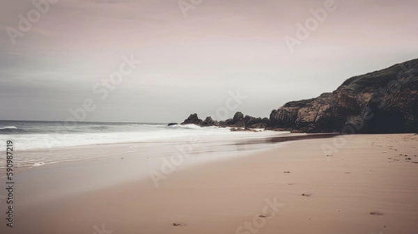 Fototapeta A muted sandy beach by the ocean computer wallpaper, generative ai