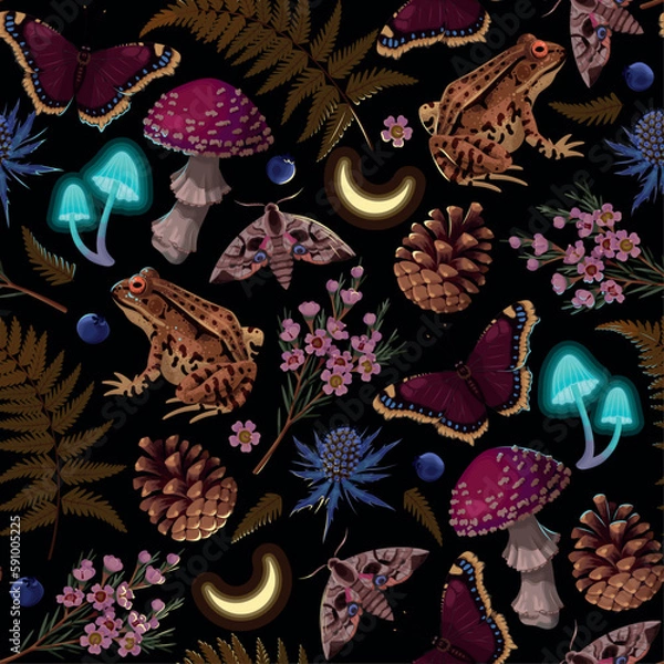 Fototapeta Magical forest flora and fauna vector pattern