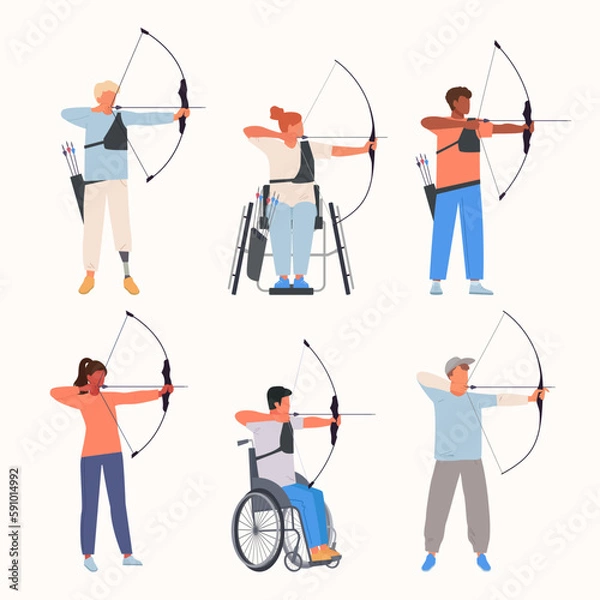 Fototapeta archers. male and female sport characters disabled archers with bow and arrows pointing to goal. Vector cartoon characters