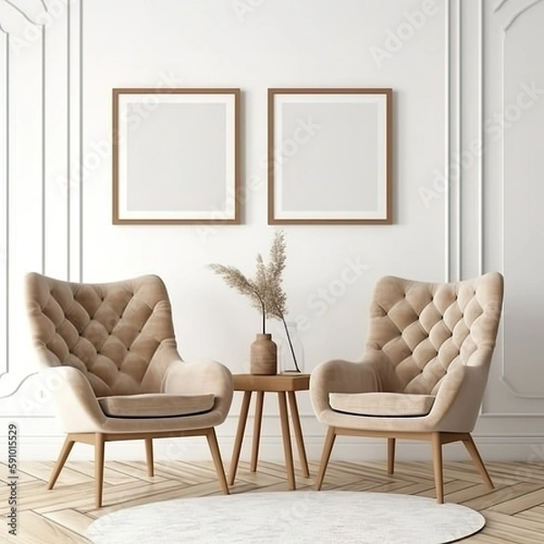 Fototapeta Modern Boho Living Room with Blank Poster Template Mockup - generative ai