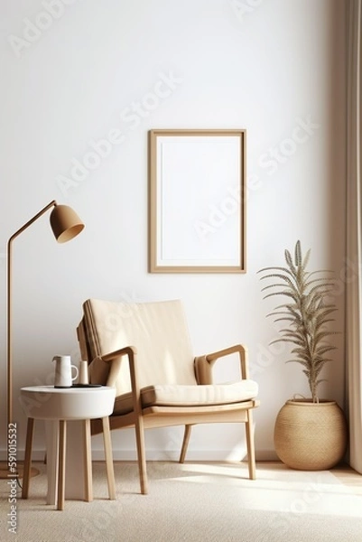 Fototapeta Modern Boho Living Room with Blank Poster Template Mockup - generative ai