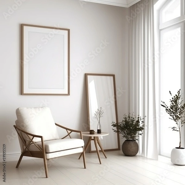 Fototapeta Modern Boho Living Room with Blank Poster Template Mockup - generative ai