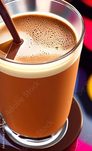 Obraz Cappuccino with foam and a stick in a glass goblet, on a colored table. Generative, AI, Generative AI
