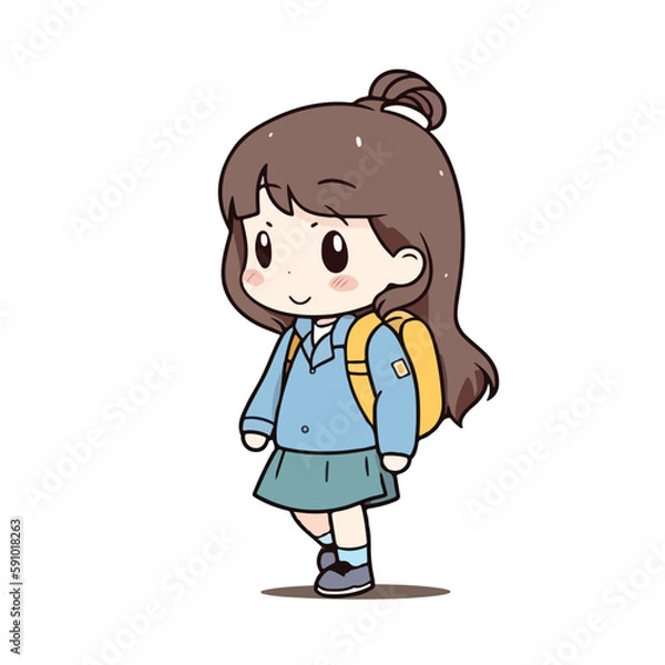 Obraz Mascot of little girl with bag backpack go to school. Cartoon flat character vector illustration