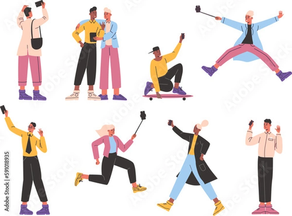 Fototapeta People take selfies. Cartoon characters are photographed on smartphones. Front camera pictures. Mobile technology. Phone snapshots. Men and women making photos. Vector posing persons set