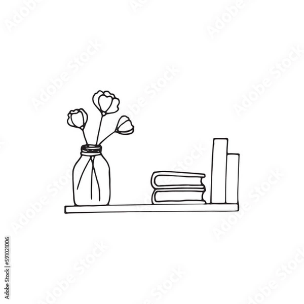 Fototapeta Bookshelf in doodle style for notebooks, posters, postcards. Vase with flowers and books on the shelf. 