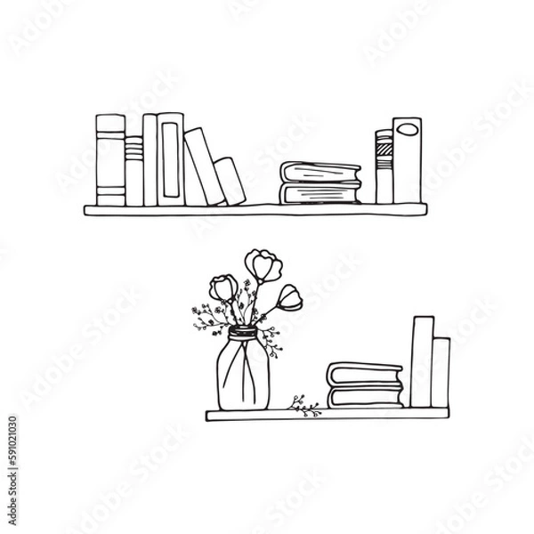 Fototapeta Bookshelf in doodle style for notebooks, posters, postcards. Vase with flowers and books on the shelf. 